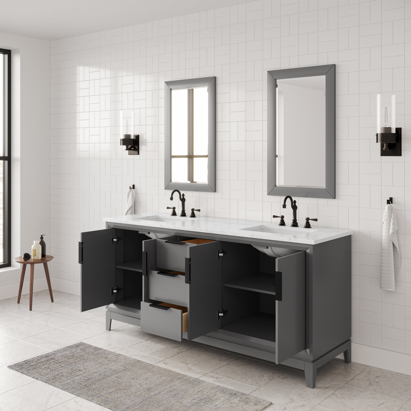 Charlise 72" Carrara Marble Double Bathroom Vanity, Cashmere Grey, Hook