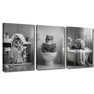 3‑Panel Wall Art Funny Bathing Cat Canvas Print, Cute Pet Bathroom Wall Decor