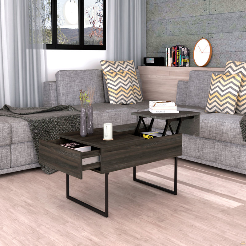 Table basse à plateau relevable, un tiroir, deux pieds