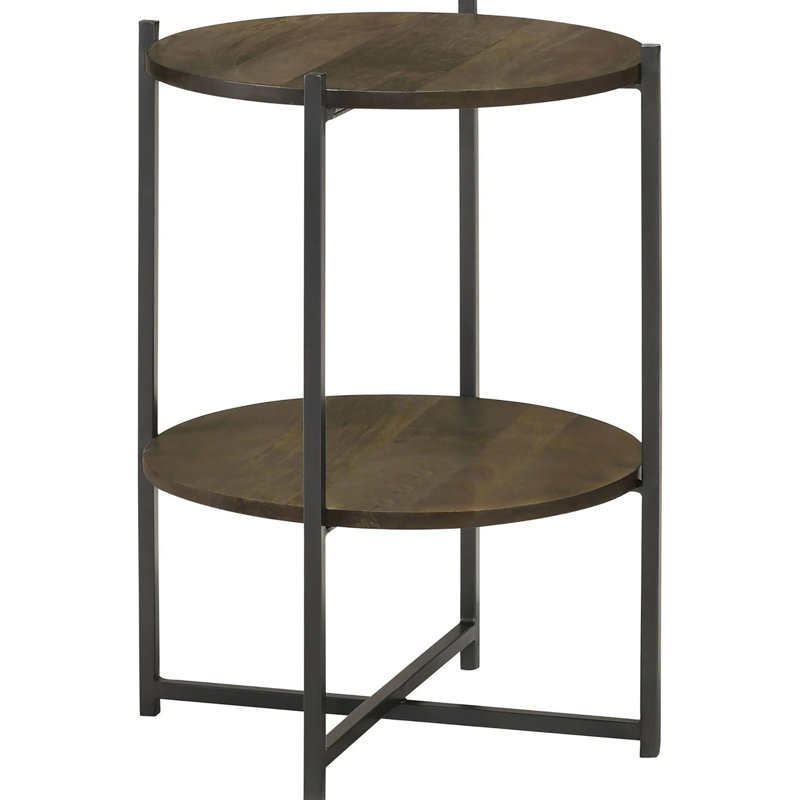 Table d'appoint en bois de manguier naturel avec cadre en bronze et étagère