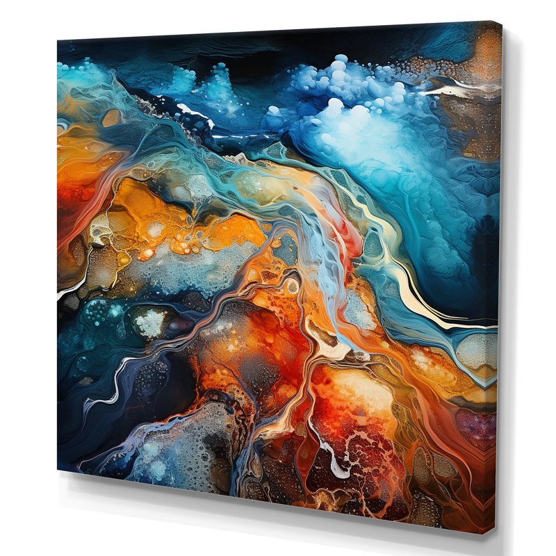 Art mural bleu et brun avec art géométrique liquide - formes abstraites, salon, Toile tendue, H 30 po x l 30 po x P 1 po