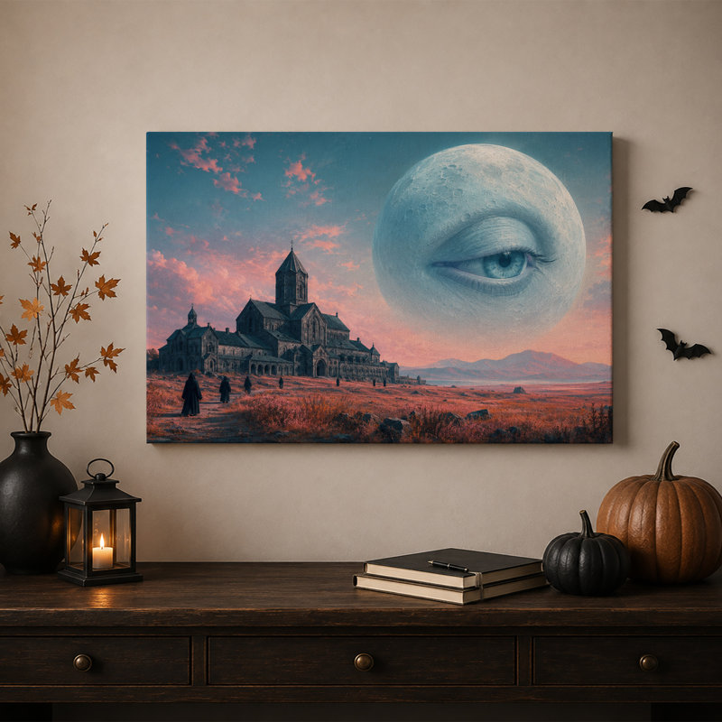 Lune surréaliste avec un œil au-dessus d'une cathédrale de pierre et d'une toile murale d'Halloween, H 18 po x l 24 po