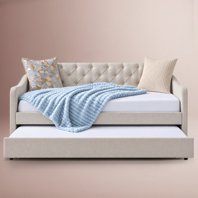 ClickDecor Carmina Upholstered Tufted Daybed Sofa with Roll-Out Twin Trundle Bed, Beige