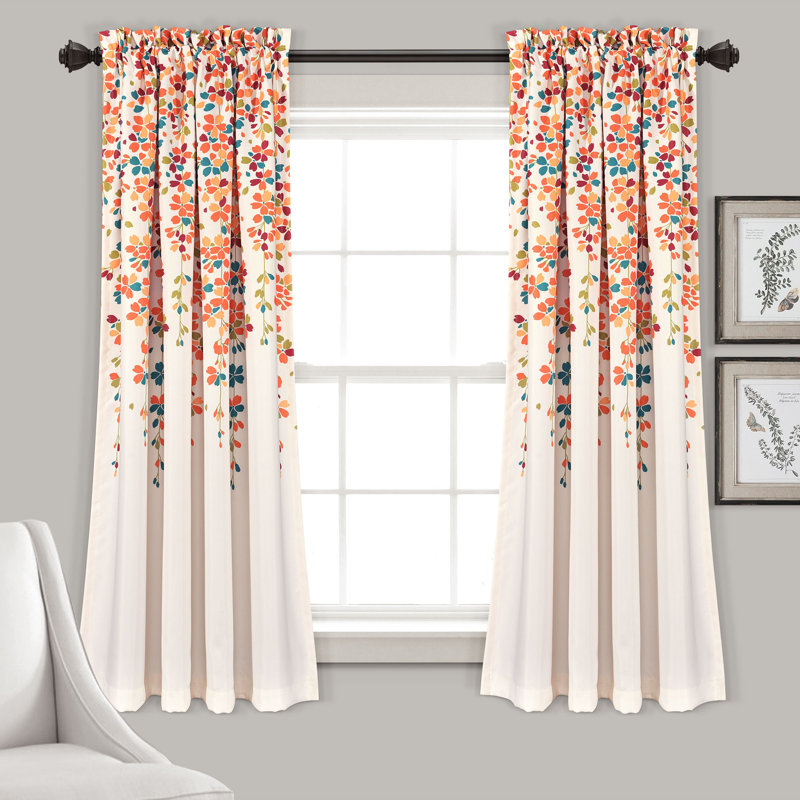 Weeping Flowers Room Darkening Pair, 52" W x 63" H, Turquoise/Tangerine