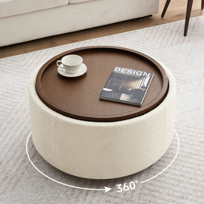 Caysey 30.1" W Upholstered Swivel Round Storage Ottoman with Wooden Tray