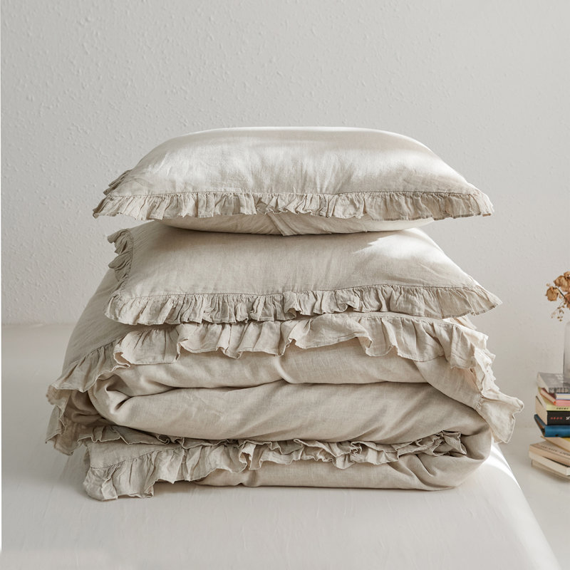 Linen Ruffled Duvet Cover Set, Khaki, Queen Duvet Cover + 2 Standard Shams