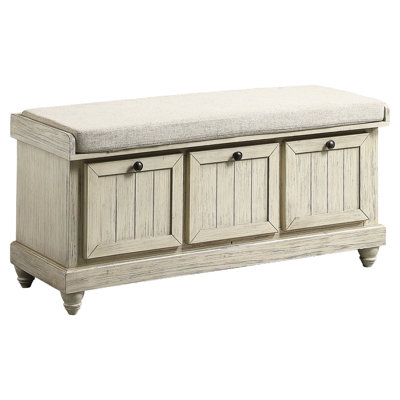 Banc en bois massif avec revêtement texturé beige et boîte de rangement intérieure avec siège rabattable et quincaillerie bronze foncé