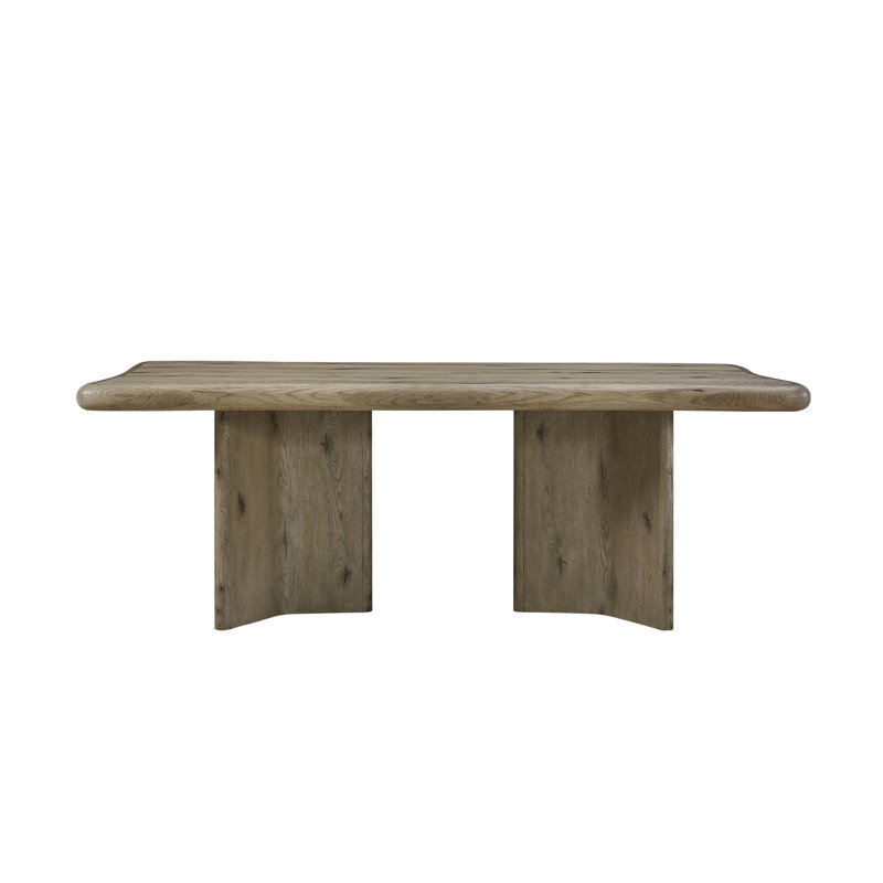 Table à double piédestal en placage de chêne noueux anglais, procurant un équilibre structurel et des courbes douces organiques, chêne de 42 po de largeur
