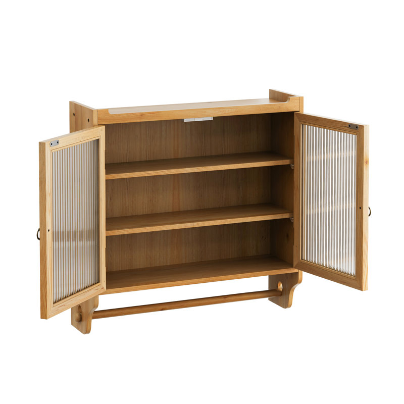 24.8'' Glass Door Vintage Wall Cabinet With Three - Tier Storage And Towel Rack, Suitable For Dining Room, Kitchen, Bathroom, Natural Wood Coloration, Solid Glass, Easy Assembly Process Double Depth,