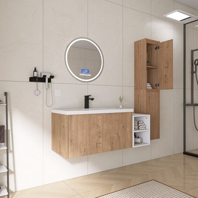 Ensemble de meuble-lavabo double 48 po avec lavabo en résine, petite tablette de rangement et armoires murales