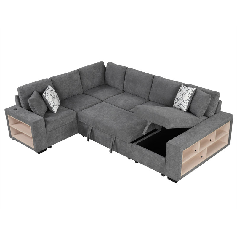 109" U-Shaped Sectional Sofa Pull-Out Sofa Bed With Two USB Ports, Gray Chenille