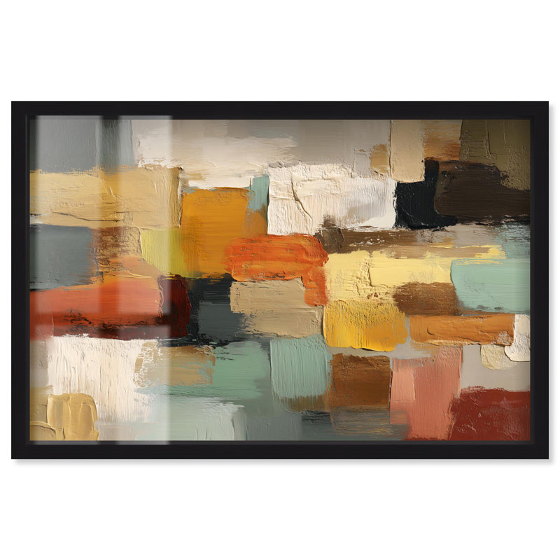 "Urban Patchwork II", art mural abstrait par Art Remedy, cadre noir, 46 x 31, Structure noire, H 31 po x l 46 po