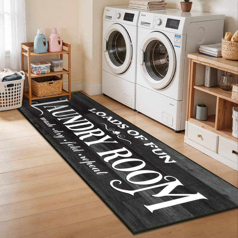 2'x6'  Laundry Room Rug Farmhouse Washable Non Slip Kitchen Mat Runner Rug, Black