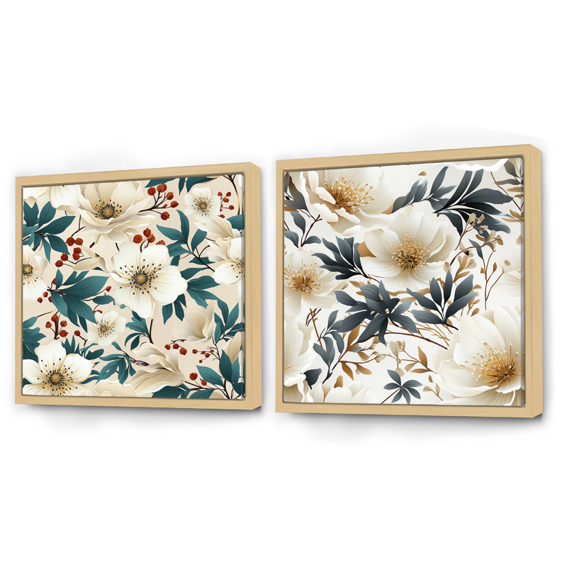 Coastal Tranquil Florals Collage Unveilé III - Ensemble de 2 collages floraux carrés, H 16 po x l 33 po, Cadre flottant brun