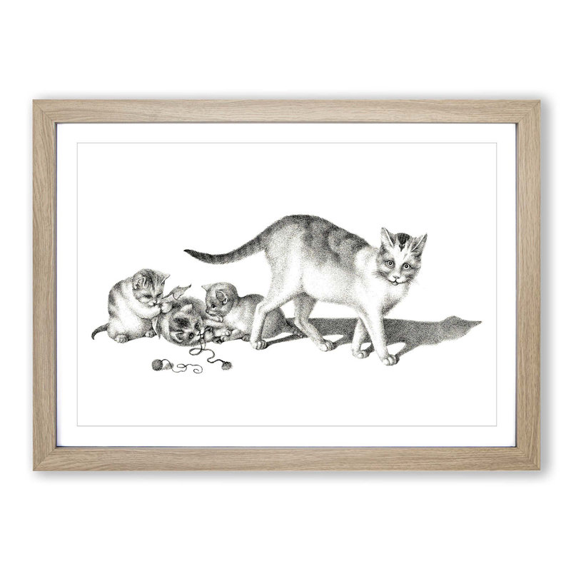 Cat with Playful Kittens by Gottfried Mind - Picture Frame Graphic Art Print on MDF, 27cm H x 36cm W x 2cm D, Oak Framed