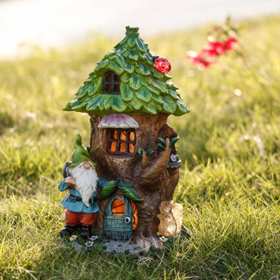 Juliete Resin Pine Cottage and Goblin Garden Statues with Solar Light(10.2 Inch)