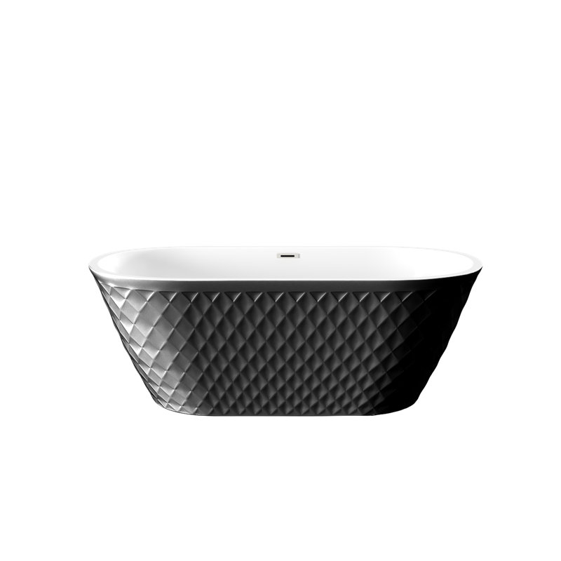 Baignoire autoportante ovale en acrylique de 67 po avec motif à losanges unique, trop-plein en nickel brossé et bonde escamotable, certificat Cupc