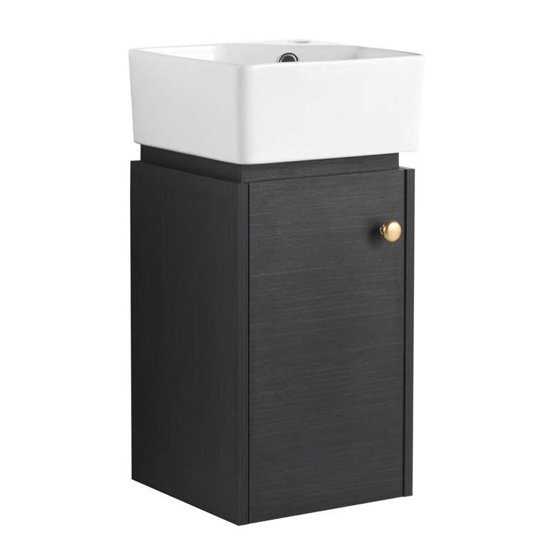Petit meuble-lavabo de salle de bain avec lavabo, taille compacte de 12 pouces, fixation murale, châtaignier noir, lavabo à surface en tache, lavabo en céramique, facile d'entretien