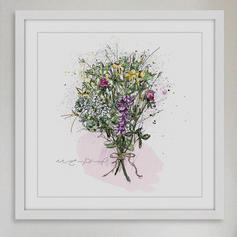 « bouquet avec cordon », reproduction de peinture à l’aquarelle encadrée, H 12 po x l 12 po x P 1,5 po