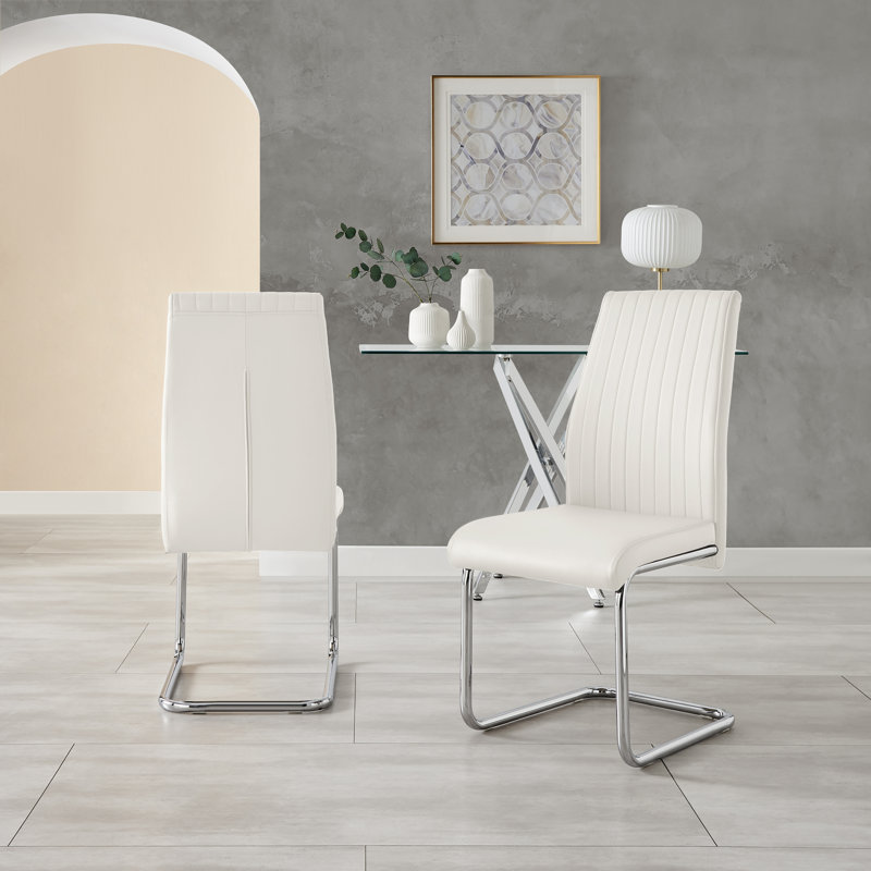 Edzard Double Pedestal High Gloss Dining Table Set with 6 Luxury Faux Leather Dining Chairs, White