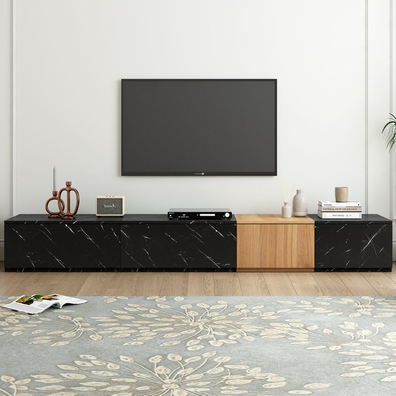 Meuble télé ON-TREND avec faux grain de marbre et finition grain de bois de noyer pour téléviseurs de 88 po ou moins, centre de divertissement moderne à combinaison libre avec 4 tiroirs de rangement pour le salon, WL noir