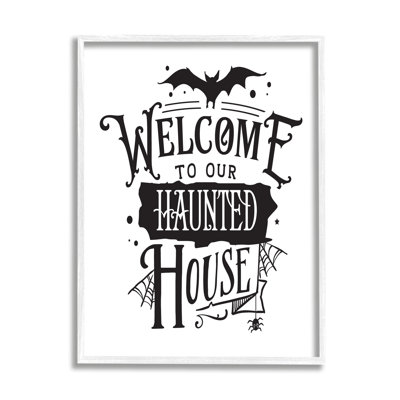«Welcome Haunted House», toile d'araignée de chauve-souris d'Halloween, estampe numérique encadrée noire