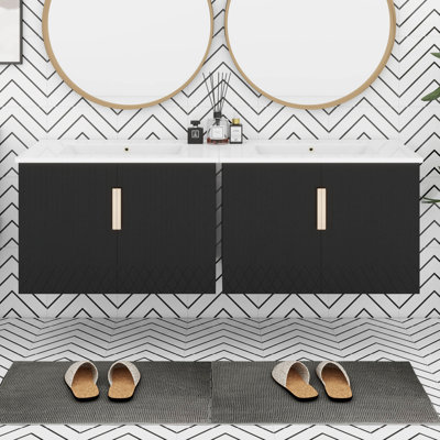Meuble-lavabo moderne de 60 po avec lavabo en céramique (séparé), armoire de rangement en bois avec 4 portes à fermeture douce, fixation murale