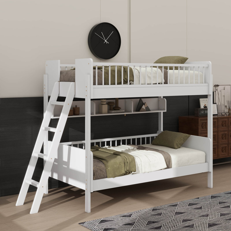 Wooden Bunk Bed In Twin Size, Comes With Three Storage Sections, White