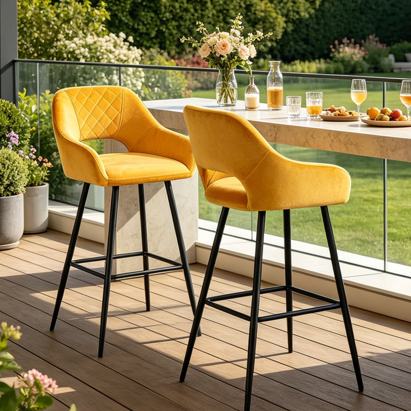 Velvet Upholstered Bar Stools with Armrests, Yellow