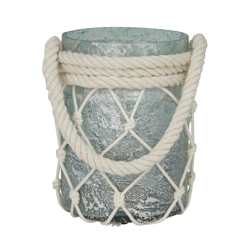 Lanterne décorative d'intérieur en verre avec poignée en corde, Teal, H 14 po x l 5 po x P 5 po