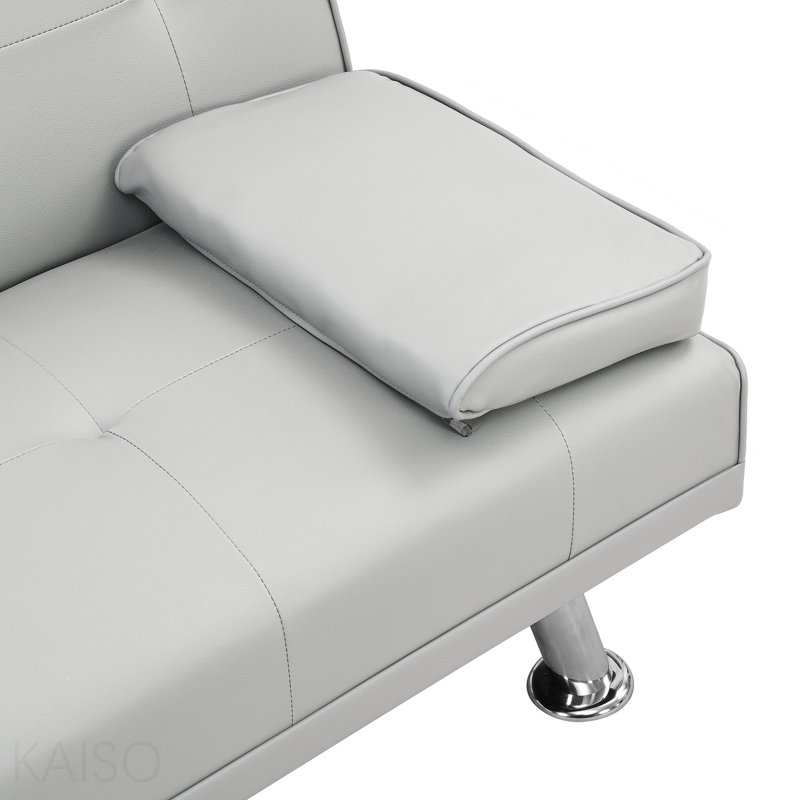 Canapé-lit avec accoudoirs à deux supports, structure en bois, pieds en acier inoxydable, futon blanc, PVC, White