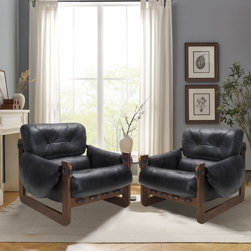 Esmiralda 35.83'' W Top-grain Genuine Leather Accent Lounge Armchair with Ash Wood Frame, Black