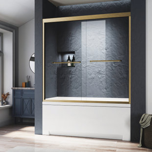 Glass Bathtub Shower Door 56-60"W x 62"H, Brushed Gold Semi Frameless Double Bathtub Door,Certified ANSI Clear Tempered Glass,Stainless Steel Handles