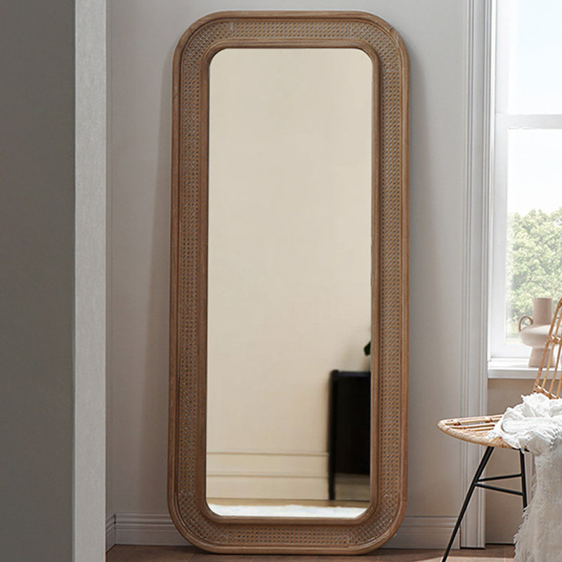 Miroir pleine longueur rectangulaire en rotin + en bois massif + en bois manufacturé