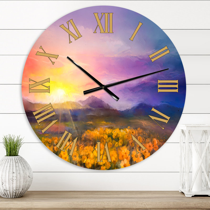 Marguerite jaune et dorée dans une prairie à fleurs sauvages - Horloge murale, Moyen