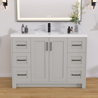 Meuble-lavabo autoportant en bois gris clair avec comptoir à surface solide 48 po.