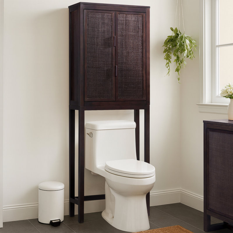 Rangement pour salle de bain moderne avec portes incrustées en rotin, tablettes réglables et structure en bois massif Boho