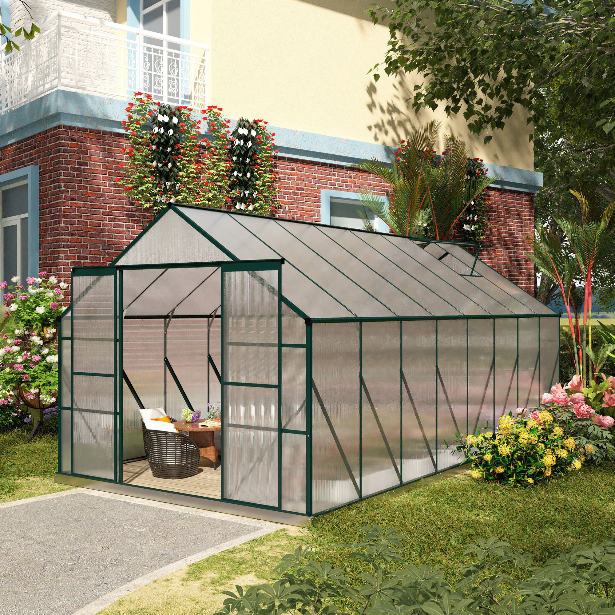 Outsunny 16' X 8' Aluminum Greenhouse Polycarbonate Walk-In Garden  Greenhouse Kit With Adjustable Roof Vent, Rain Gutter And Sliding Door For  Winter, ..., image size:2000x2000