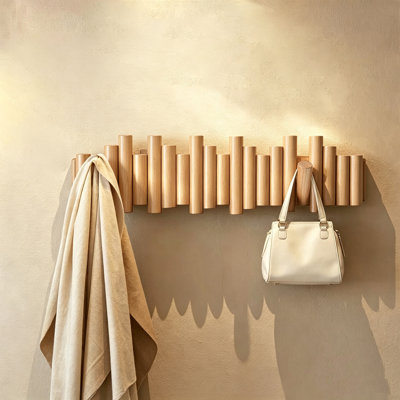 Wall-Mounted Coat Rack with Flip-Down Wooden Hooks, Coat Rack with 7 Hooks