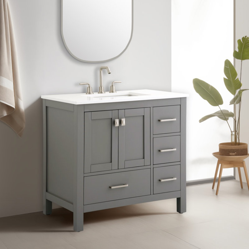Meuble-lavabo 36 po avec plateau en quartz blanc Philant, Gris