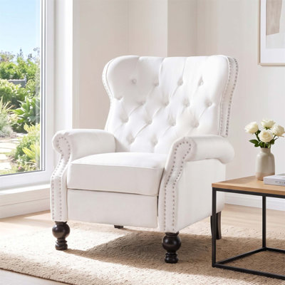 Modern Manual Push Back Recliner Chair with Rolled Arms, Nailhead Trim, and Rubber Wood Legs for Comfortable Relaxation in Living Room, Bedroom, and Home Theater
