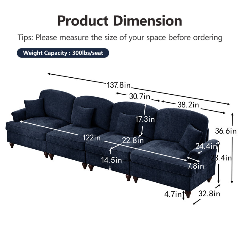 Sofa, Cloud Couch Sectional Sofa, Chenille Sofa, 36.6" H x 137.8" W x 32.8" D, Blue