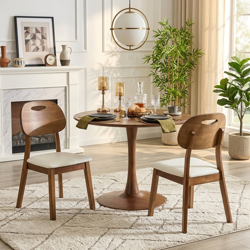 Ensemble de 2 chaises de salle à manger en bois massif de style Mid-Century moderne, finition noyer avec siège rembourré personnalisable