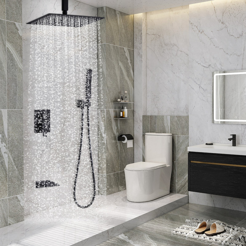 Shower Faucet Set, Shower System Bathroom High Pressure 12 Inches Rainfall Shower Head With Handheld Spray, Wall Mounted Shower Fixtures With Shower Valve And Trim Kit, Matte Black