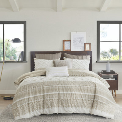 Housse de couette pour lit très grand / très grand 3 pièces - coton chenille, imprimé mis à jour, taupe uni, coton lavable à la machine avec revers taupe, fermeture à boutons, attaches de coin intérieures,