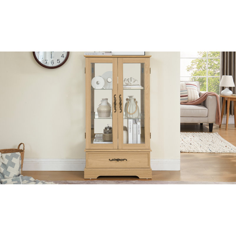 Vitrine lumineuse en verre avec tablettes réglables - 2 portes, 1 tiroir, lumières DEL, finition chêne clair élégant