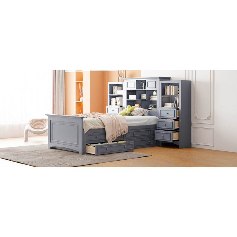Lit plateforme simple en bois massif gris avec armoire tout-en-un, 4 tiroirs sur les côtés et 6 têtes de lit pour une chambre à coucher de taille verticale de chaque côté, 12 compartiments de rangement pour économiser de l'espace
