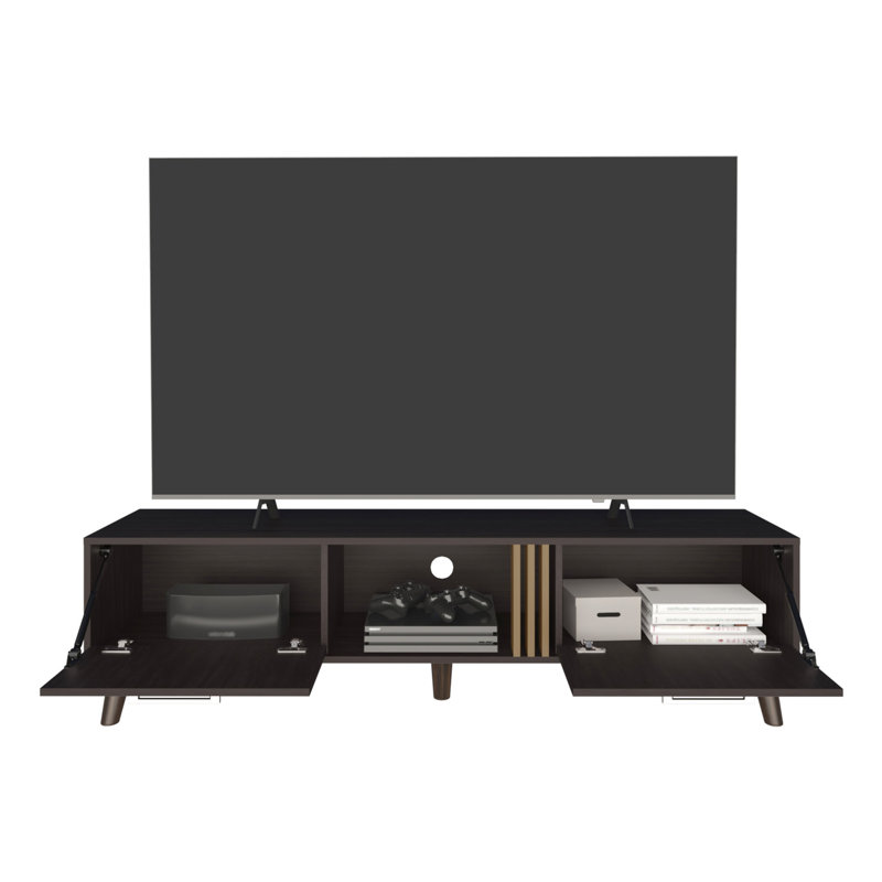 Meuble télé 63 po avec deux armoires rétractables au design contemporain - chêne noir large pour le divertissement à domicile,