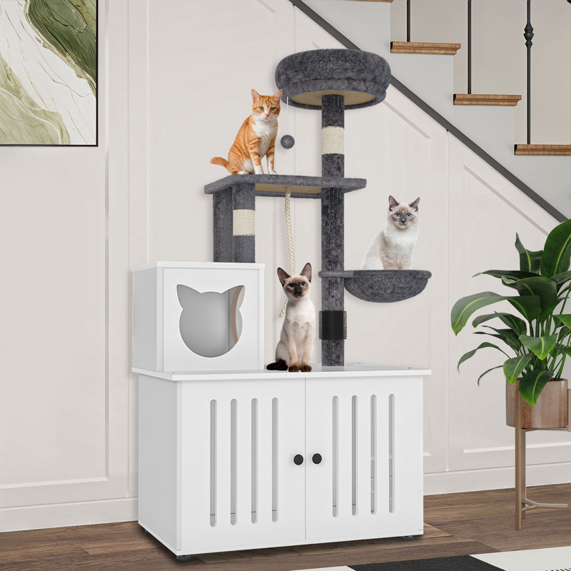  Arbre à chat avec bac à litière, tour de chat moderne 2-en-1 avec armoire de rangement, brun rustique, Gris