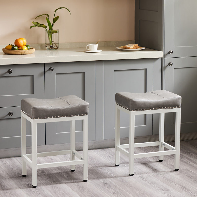 Tabouret de comptoir 24,21 po Michille, Siège gris / cadre blanc, 2